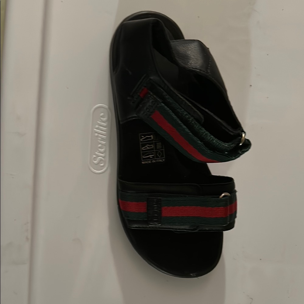 Black Sandals with Red and Green Straps